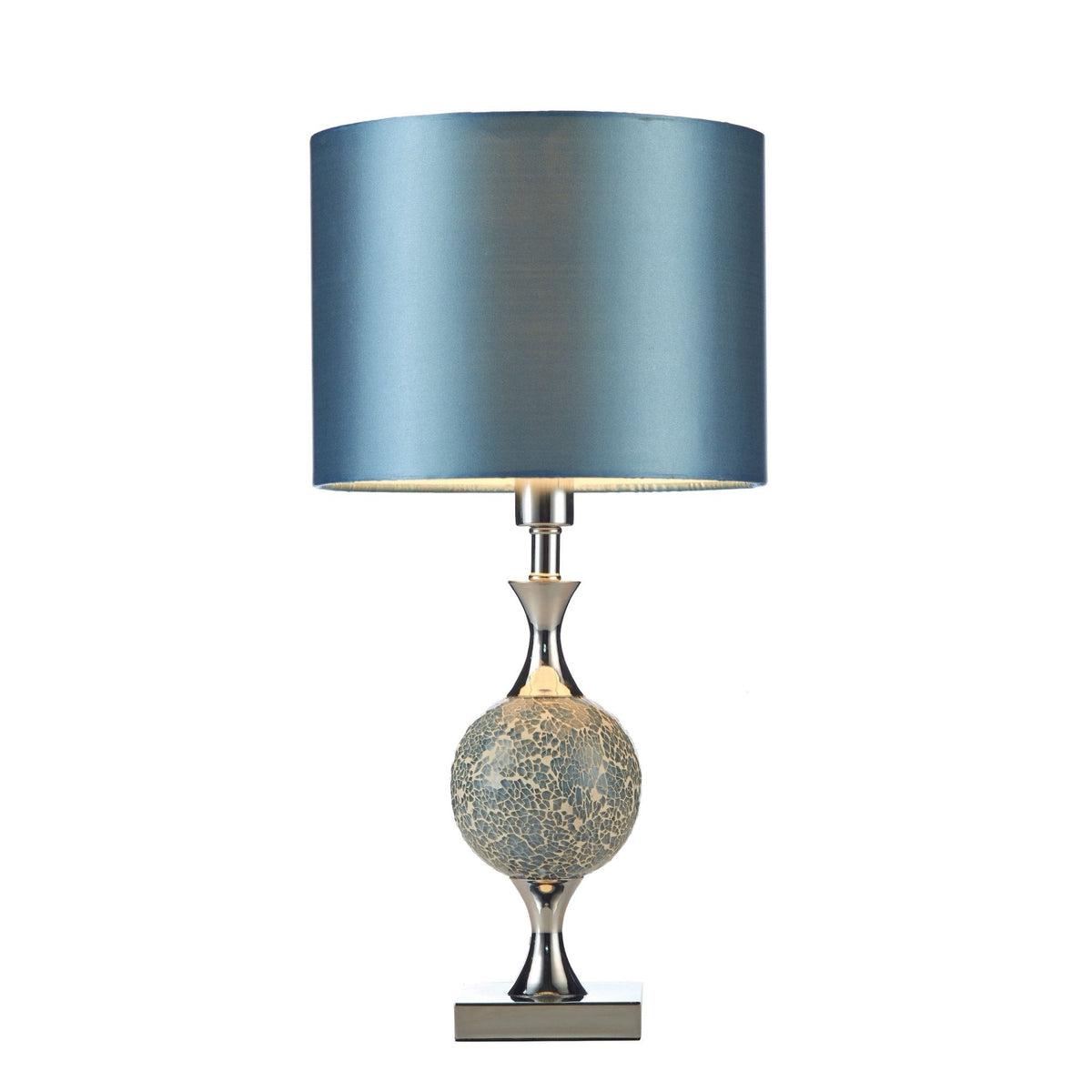 Elsa Table Lamp In Polished Chrome & Blue Mosaic With Blue Faux Silk Shade