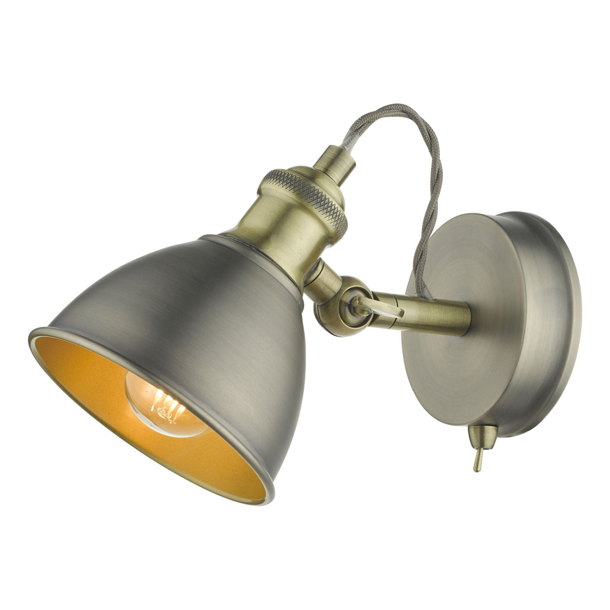 Antique brass wall light with a dome-shaped shade and exposed bulb.