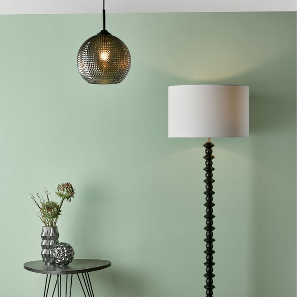 Soren Single Pendant In Matt Black With Textured Smoked Glass Shade