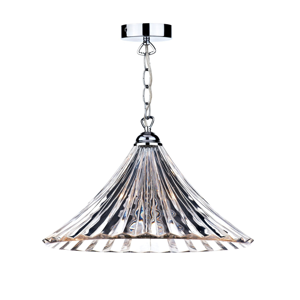 Clear glass pendant light with a pleated, conical shade and chrome chain on a white background.