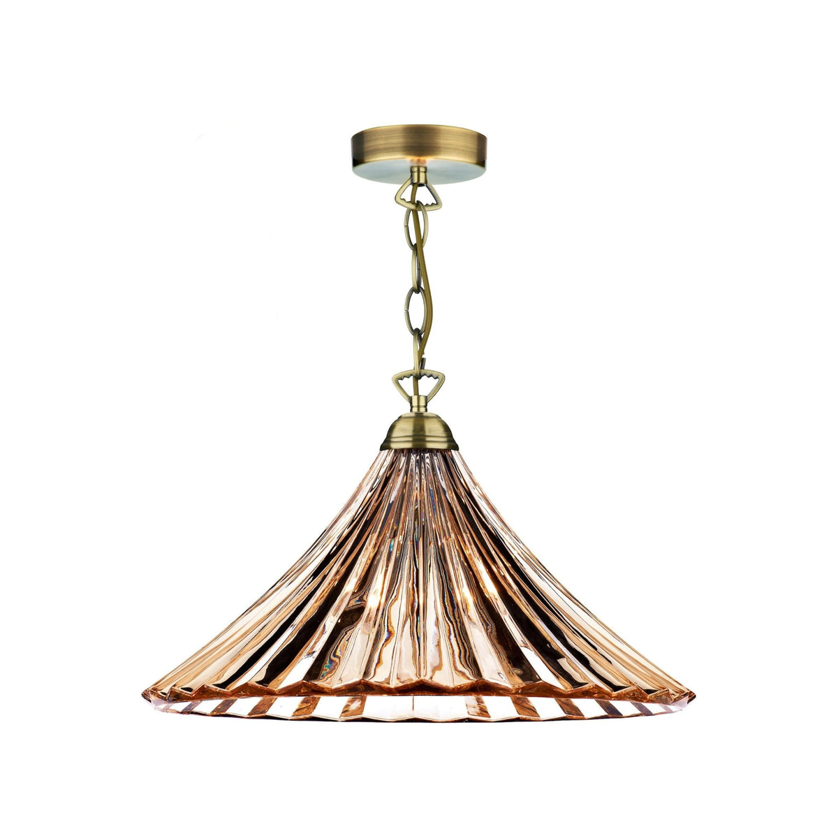 Bronze pendant light with a pleated, conical glass shade and a brass chain.