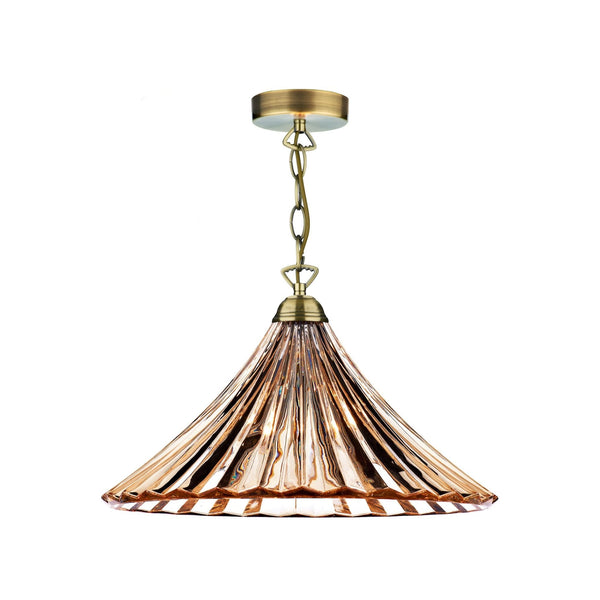 Ardeche Large Pendant In Antique Brass With Amber Fluted Glass Shade