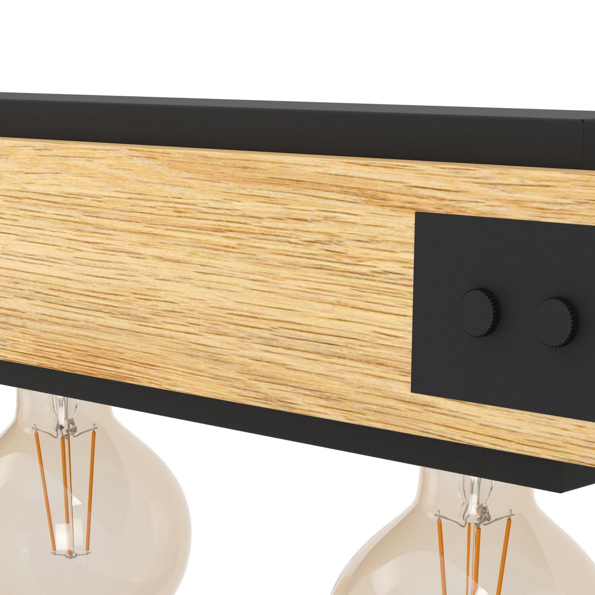A close-up of a wooden beam light fixture with a black metal accent plate and exposed bulbs.