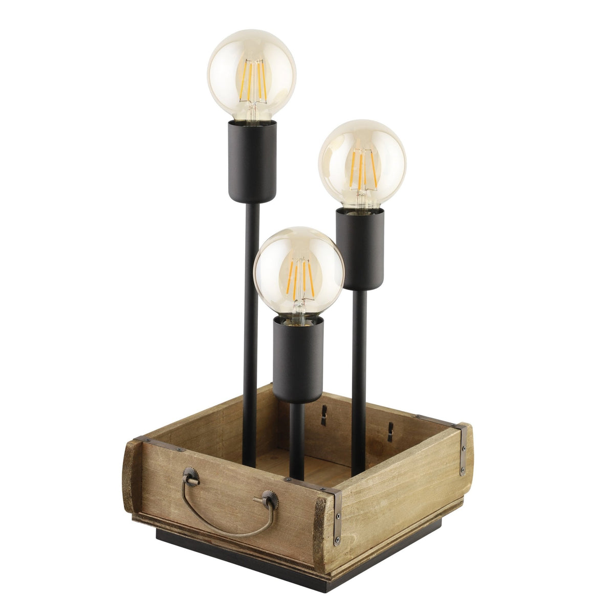 Decorative lamp with three exposed light bulbs on a wooden base against a white background