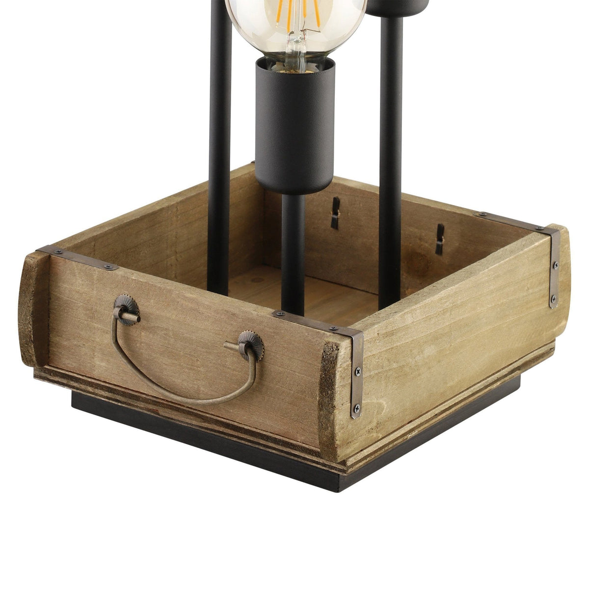 Wooden lamp with a black metal base on a white background