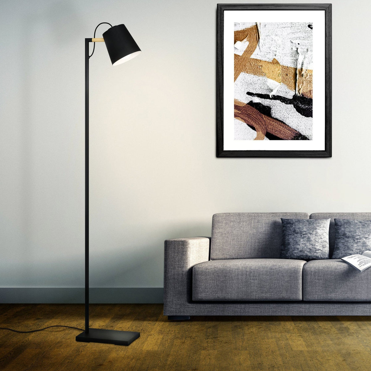 Lacey Floor Lamp in Black with Wood Detailing