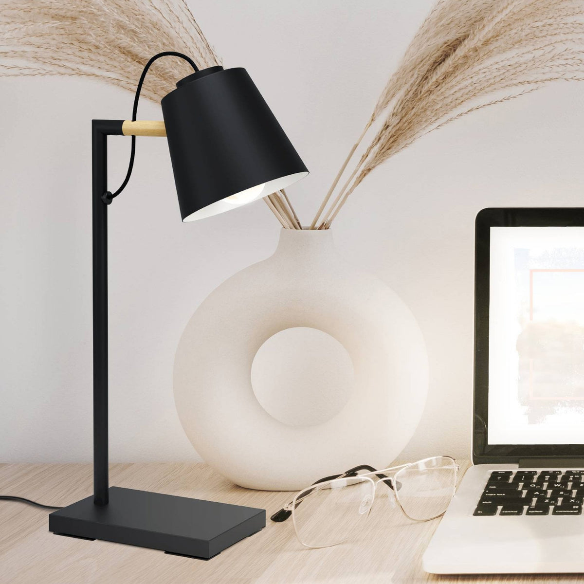 Lacey Table Lamp in Black with Wood Detailing