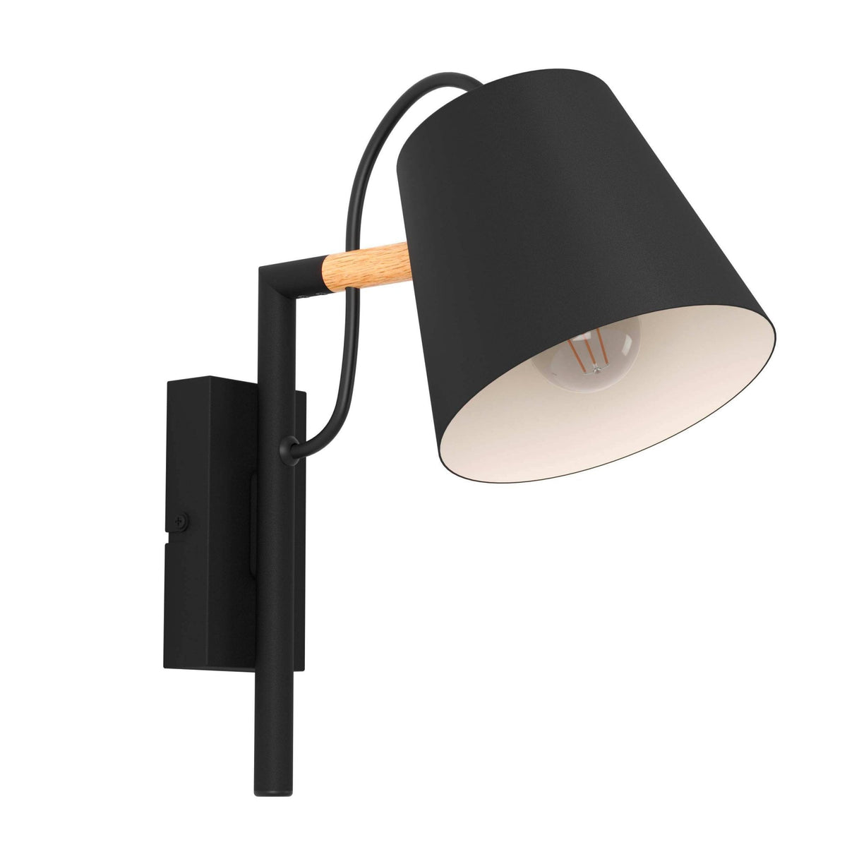 Black and wood wall lamp with visible bulb against a white background.