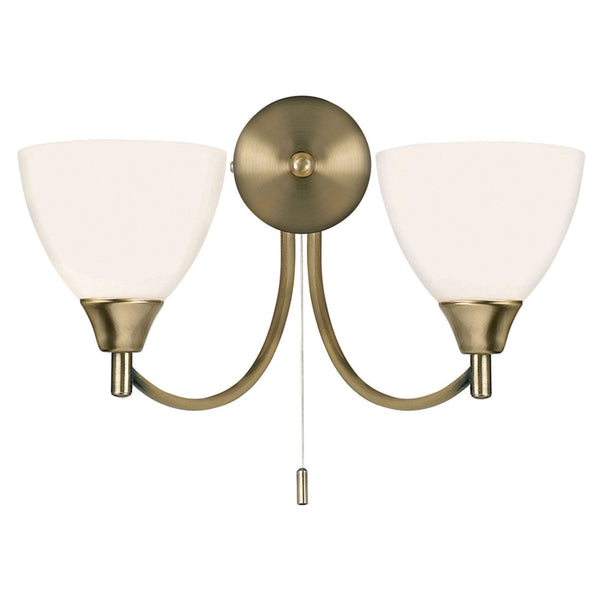 Alton Twin Arm Wall Light in Antique Brass & Opal Glass