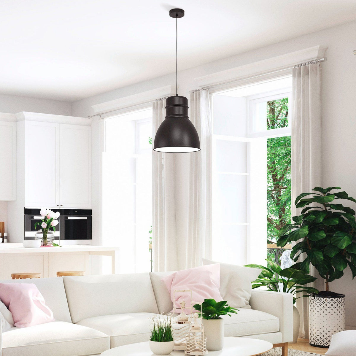 Ebury Single Pendant Light in Black with White Inner