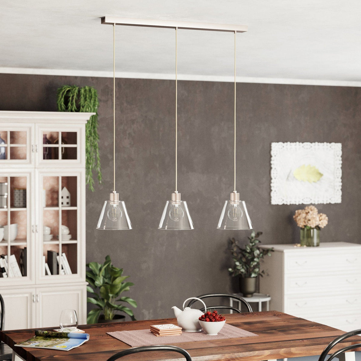 Copley Triple Drop Linear Pendant in Rose Gold with Clear Glass Shades
