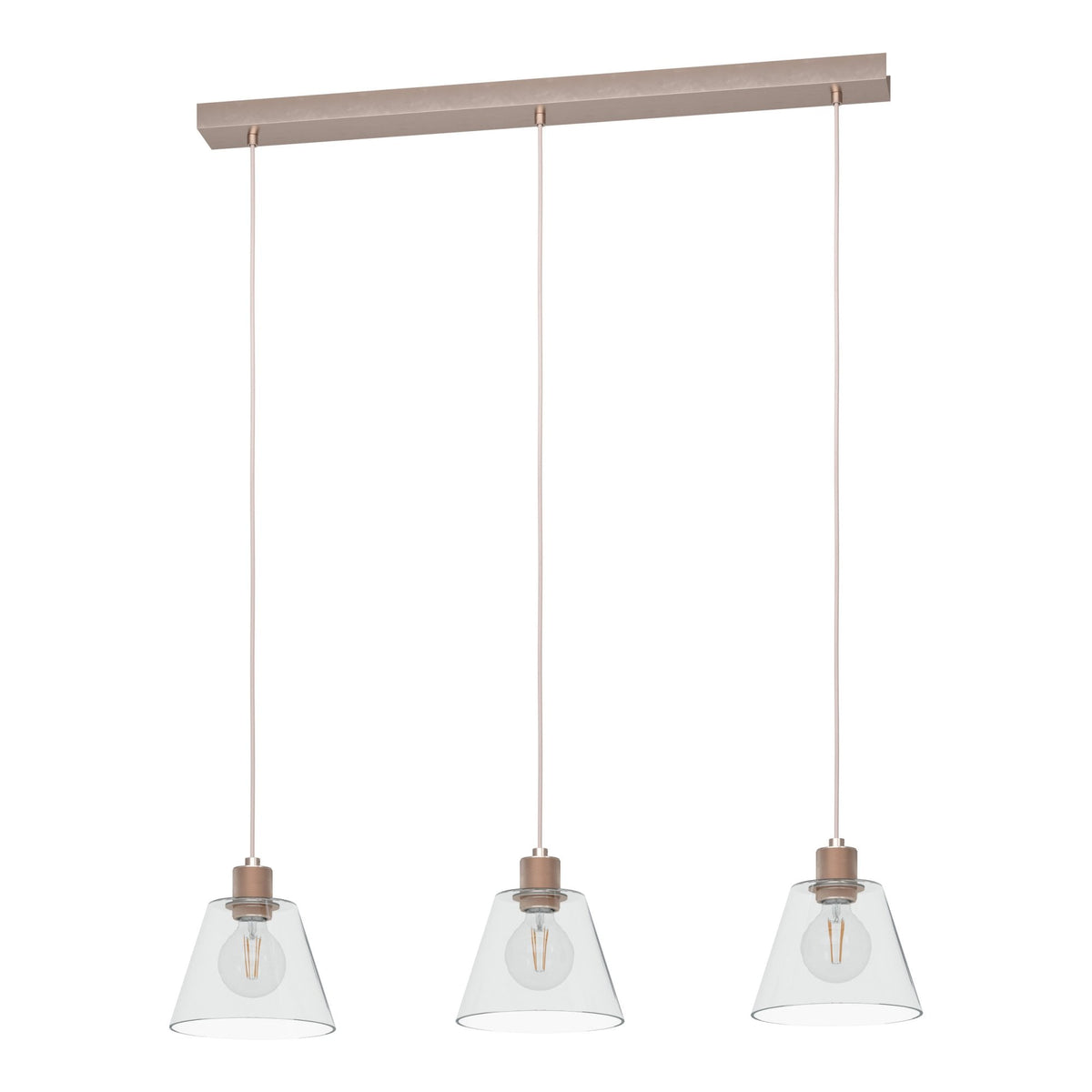 Copley Triple Drop Linear Pendant in Rose Gold with Clear Glass Shades