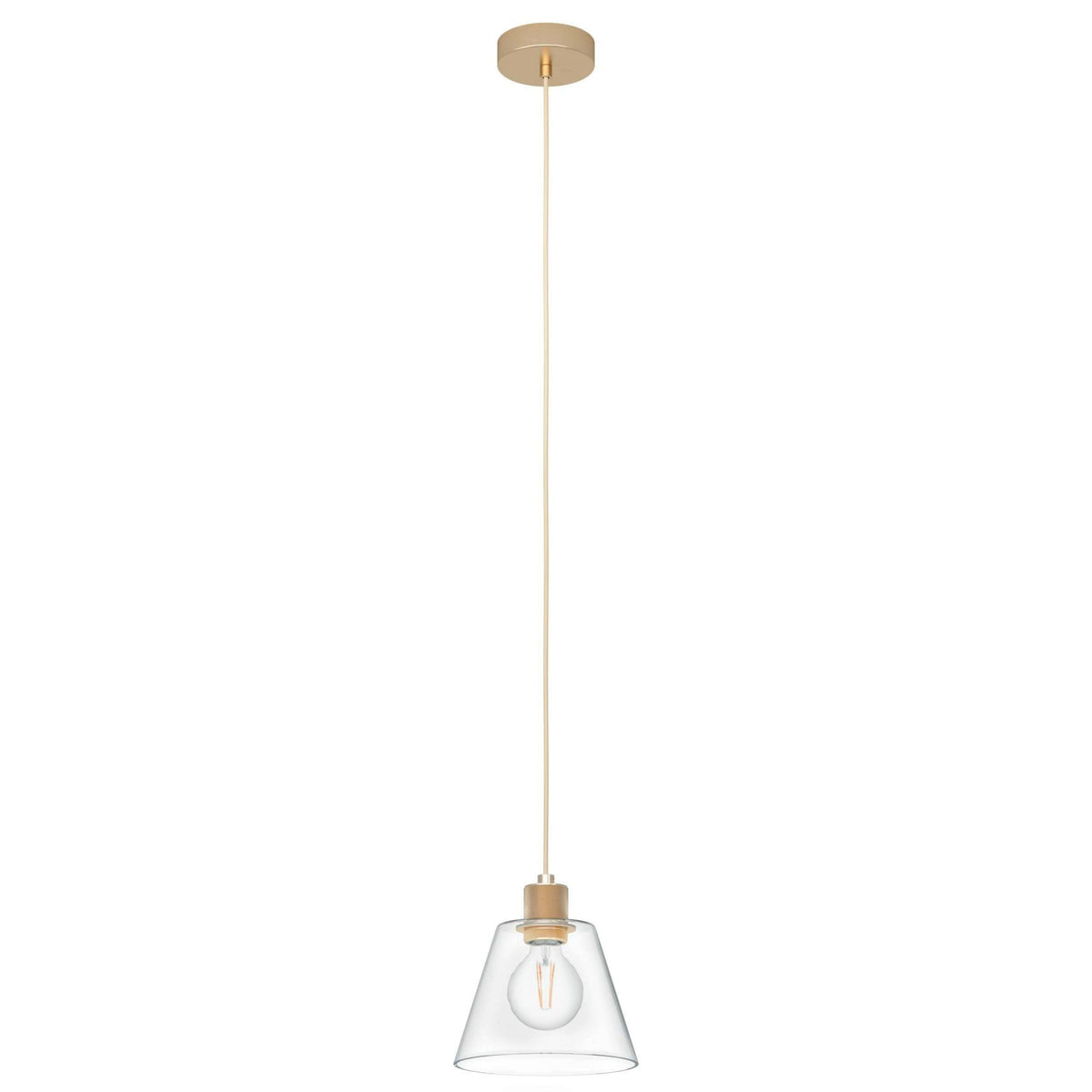 A modern pendant light with a clear glass shade and a brass coloured fitting.