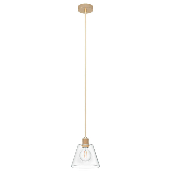 A modern pendant light with a clear glass shade and a brass coloured fitting.