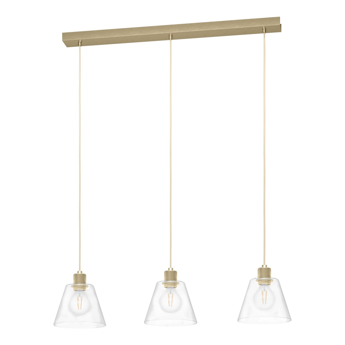 Copley Triple Drop Linear Pendant in Gold with Clear Glass Shades