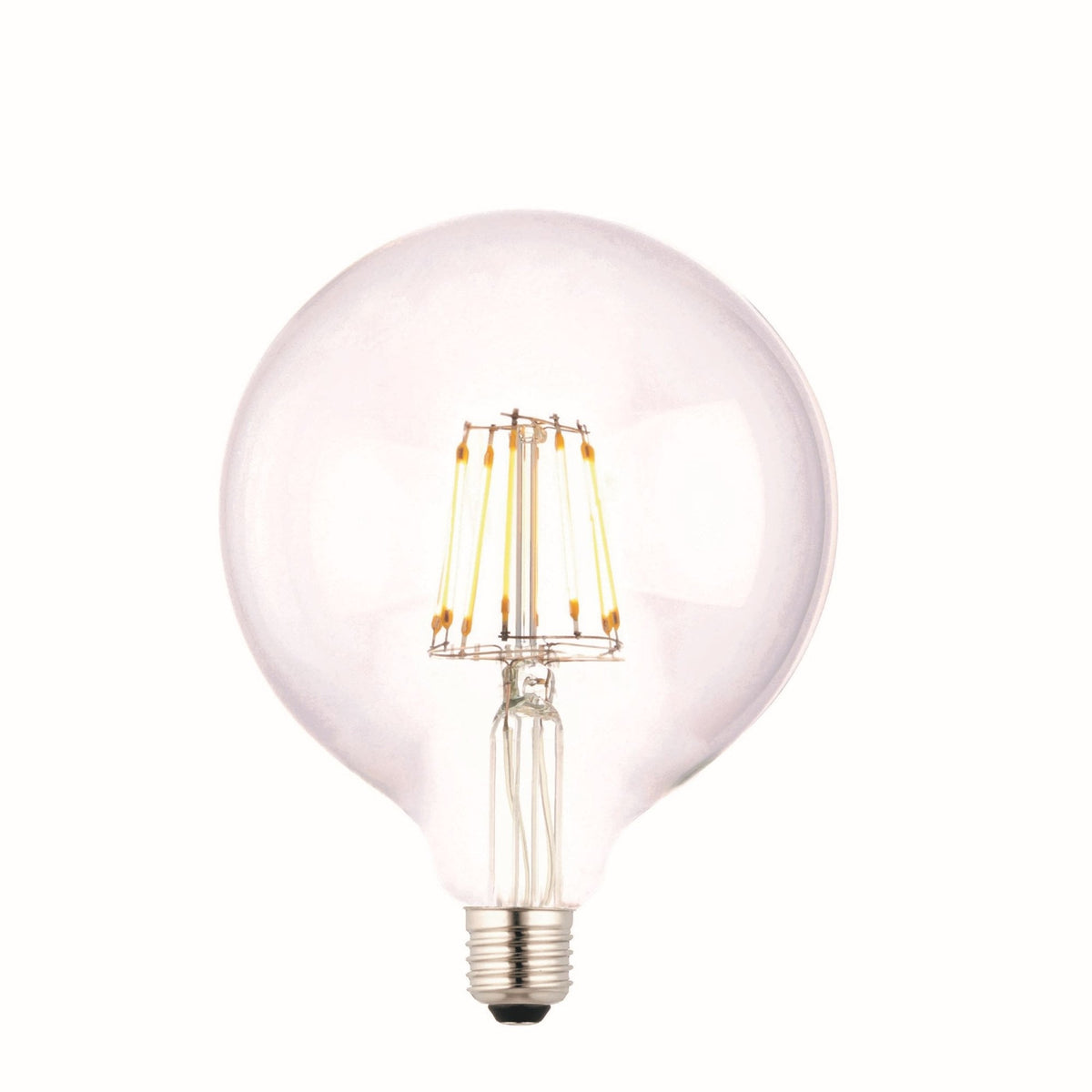 A clear, round LED light bulb with visible filaments, isolated on a white background.