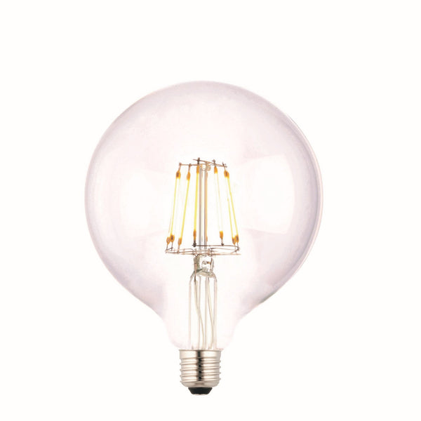 A clear, round LED light bulb with visible filaments, isolated on a white background.
