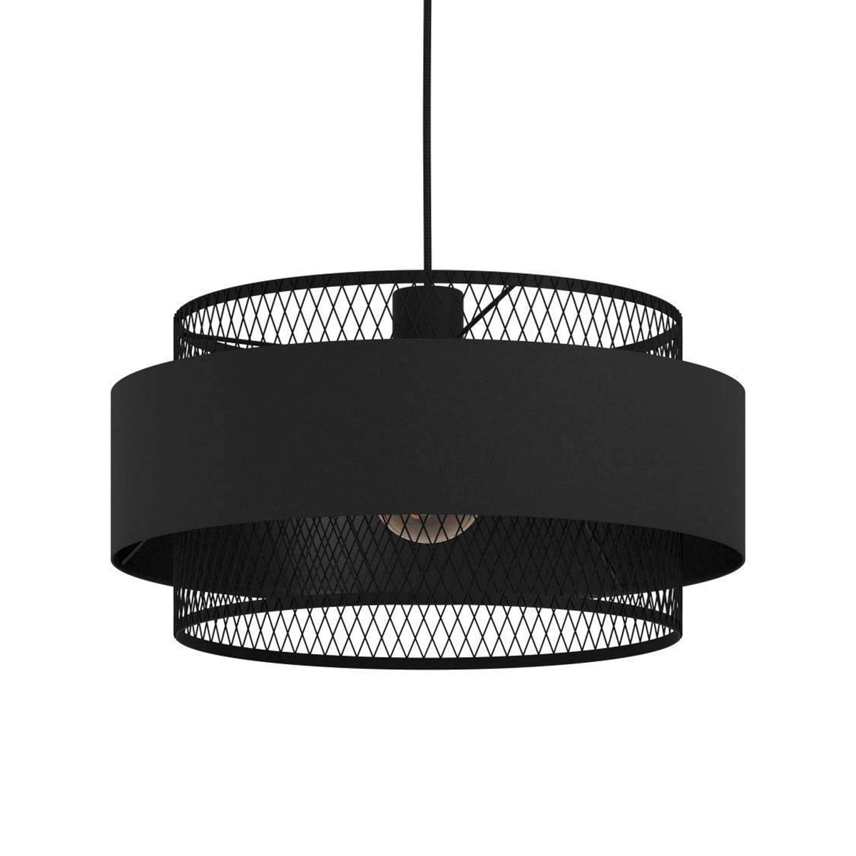 Bazely Single Pendant in Black Wire Mesh Surrounded by Black Fabric Band