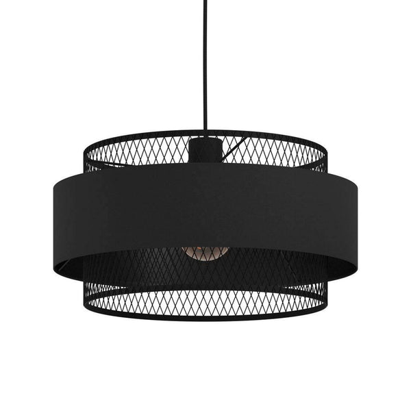 Bazely Single Pendant in Black Wire Mesh Surrounded by Black Fabric Band