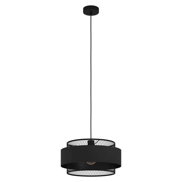 Bazely Single Pendant in Black Wire Mesh Surrounded by Black Fabric Band