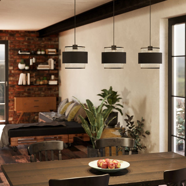 Bazely Triple Drop Pendant in Black Wire Mesh Surrounded by Black Fabric Bands