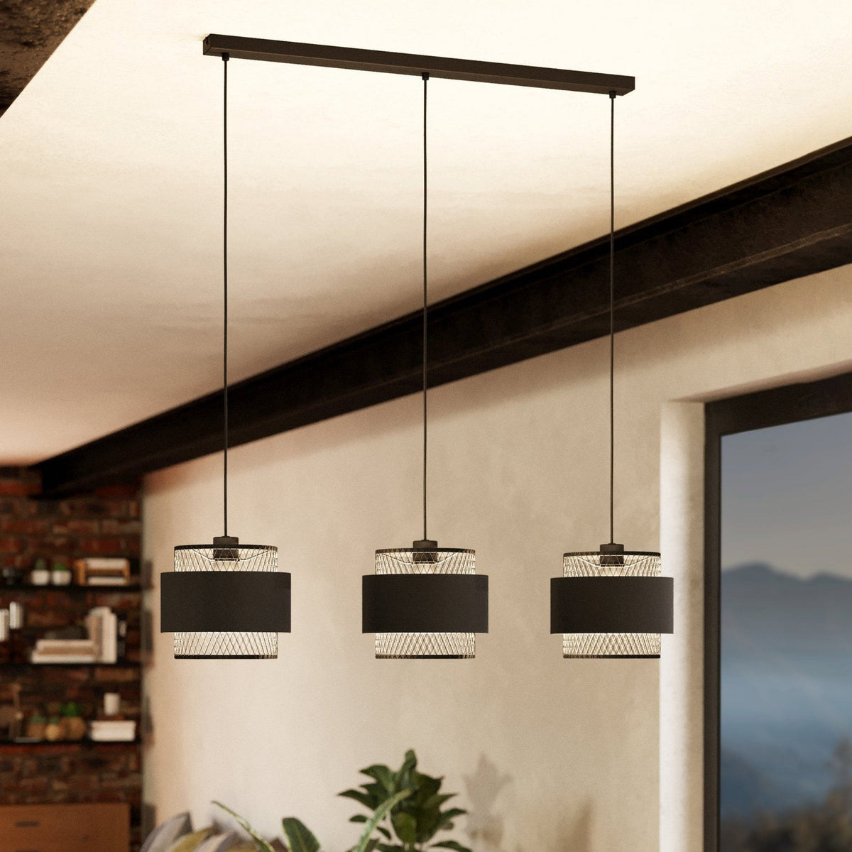 Bazely Triple Drop Pendant in Black Wire Mesh Surrounded by Black Fabric Bands