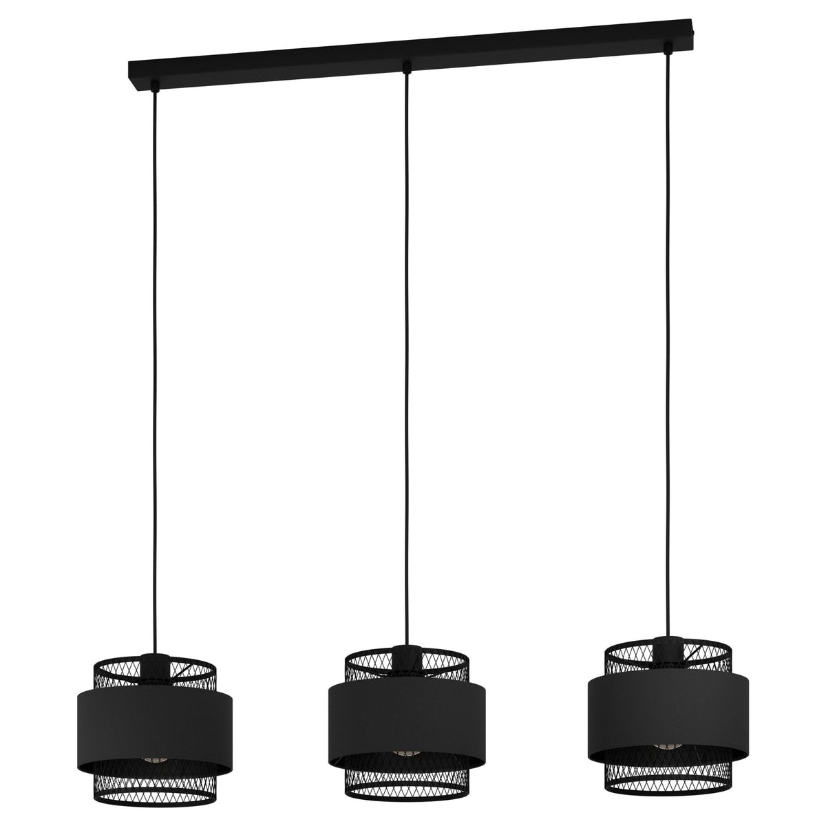 Bazely Triple Drop Pendant in Black Wire Mesh Surrounded by Black Fabric Bands