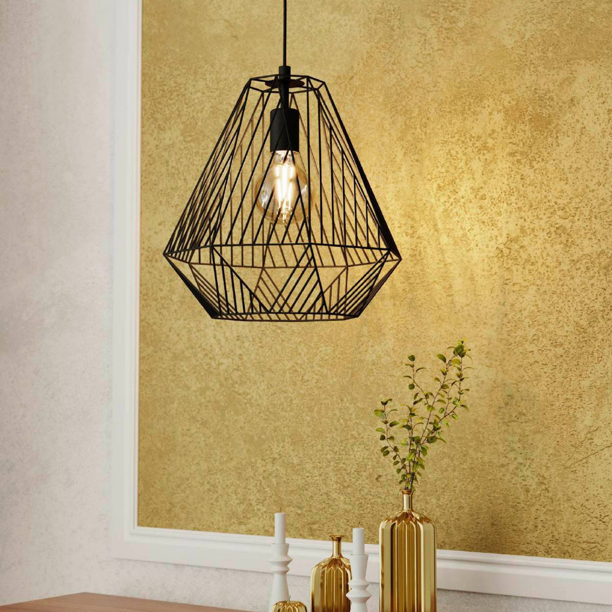 Stype Single Pendant in Black with Geometric Diamond-Shaped Lampshade
