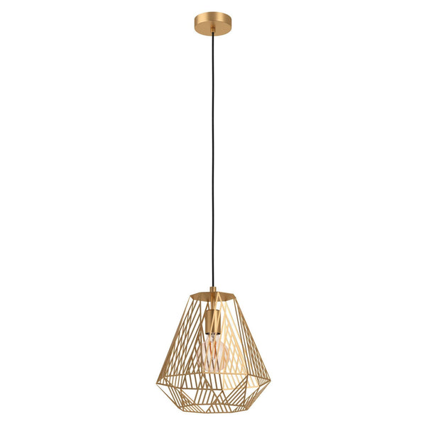 A modern gold geometric pendant light with a black cord and a single exposed bulb.