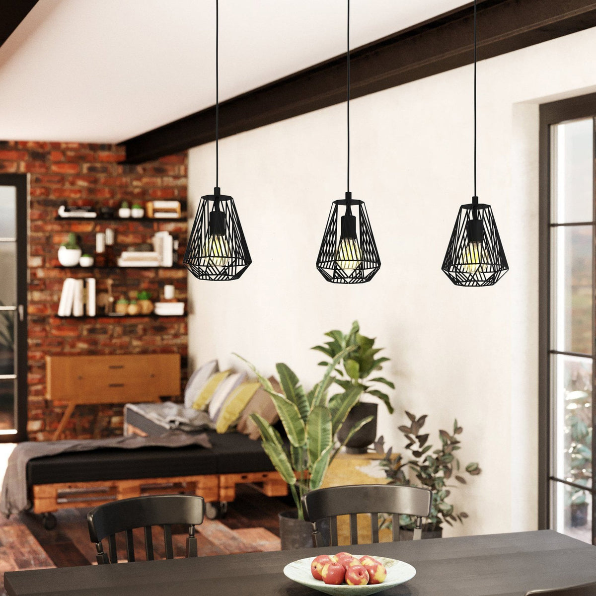 Stype Triple Drop Linear Pendant in Black with Geometric Diamond-Shaped Lampshades