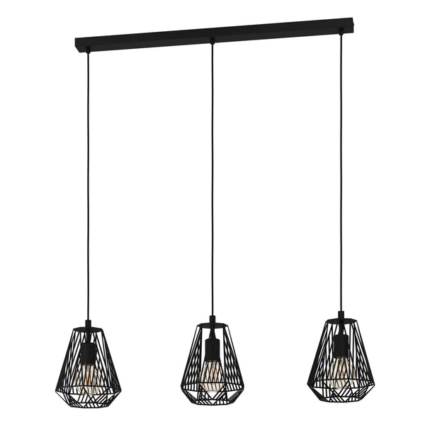 Stype Triple Drop Linear Pendant in Black with Geometric Diamond-Shaped Lampshades