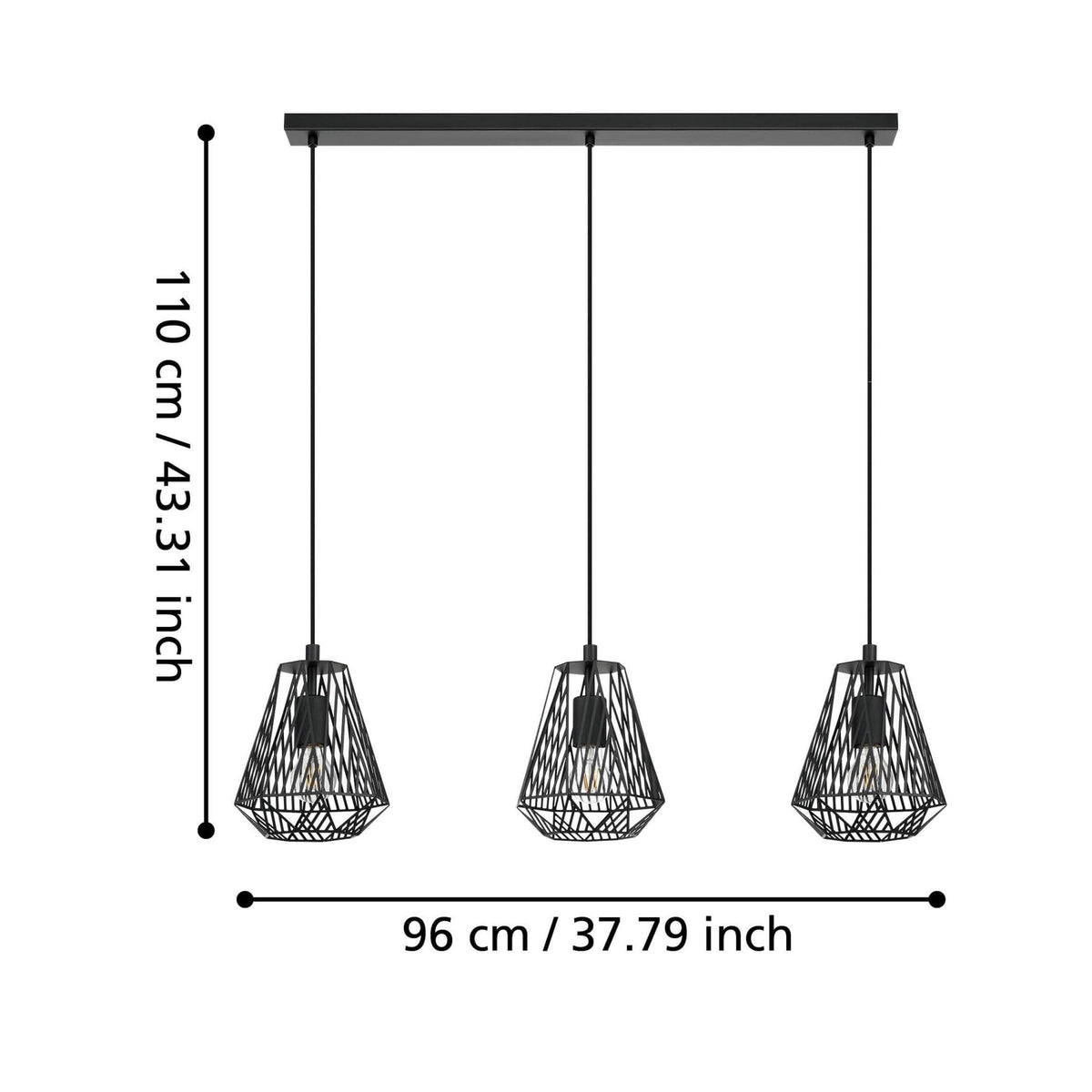 Stype Triple Drop Linear Pendant in Black with Geometric Diamond-Shaped Lampshades