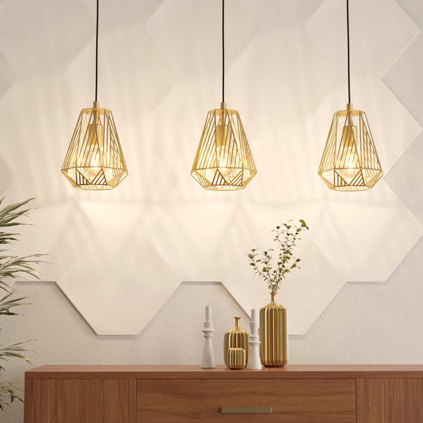 Stype Triple Drop Linear Pendant in Gold with Geometric Diamond-Shaped Lampshades