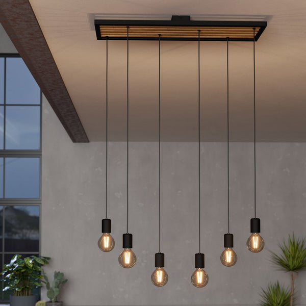 Consett Six Drop Linear Pendant in Wood with Black Metal Detailing
