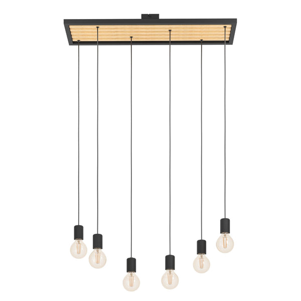 Consett Six Drop Linear Pendant in Wood with Black Metal Detailing