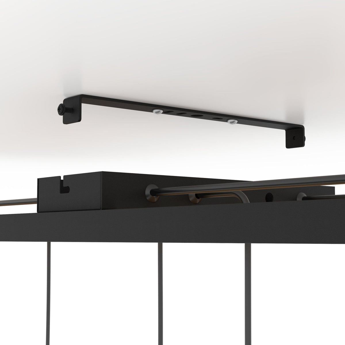 Consett Six Drop Linear Pendant in Wood with Black Metal Detailing