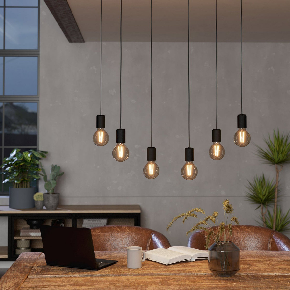 Consett Six Drop Linear Pendant in Wood with Black Metal Detailing