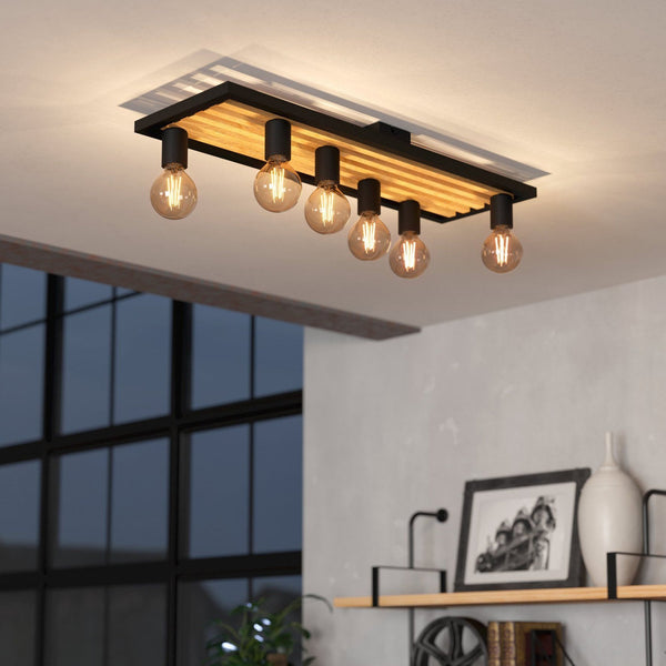 Consett Six Lamp Linear Ceiling Light in Wood with Black Metal Detailing