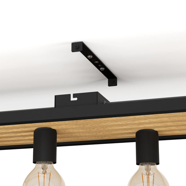 Consett Six Lamp Linear Ceiling Light in Wood with Black Metal Detailing