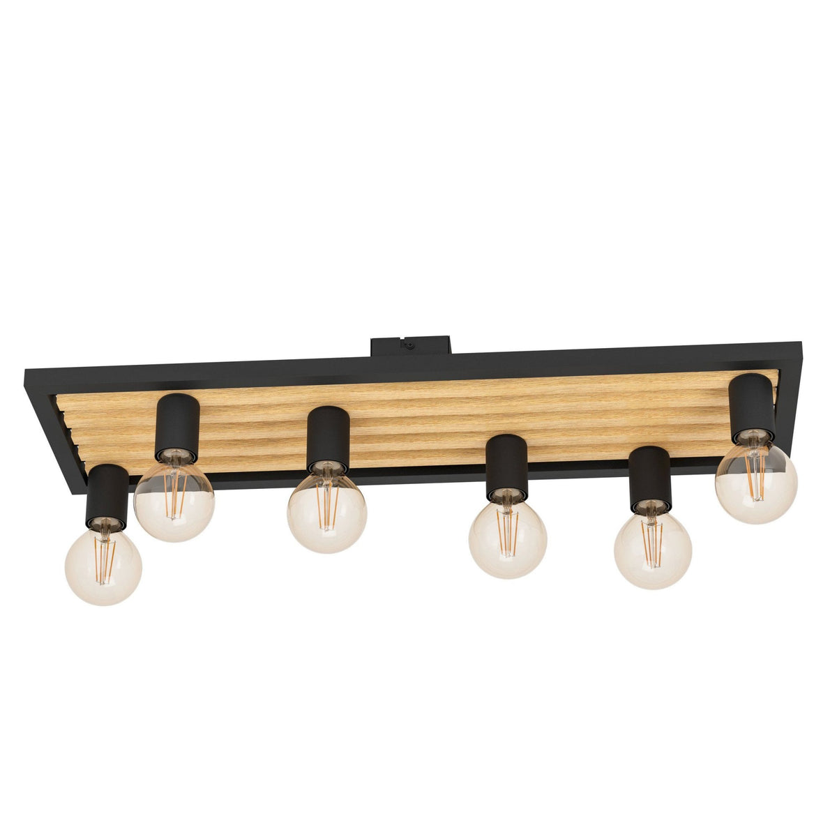 Six light flush mount ceiling fixture with black metal frame and light wood slats