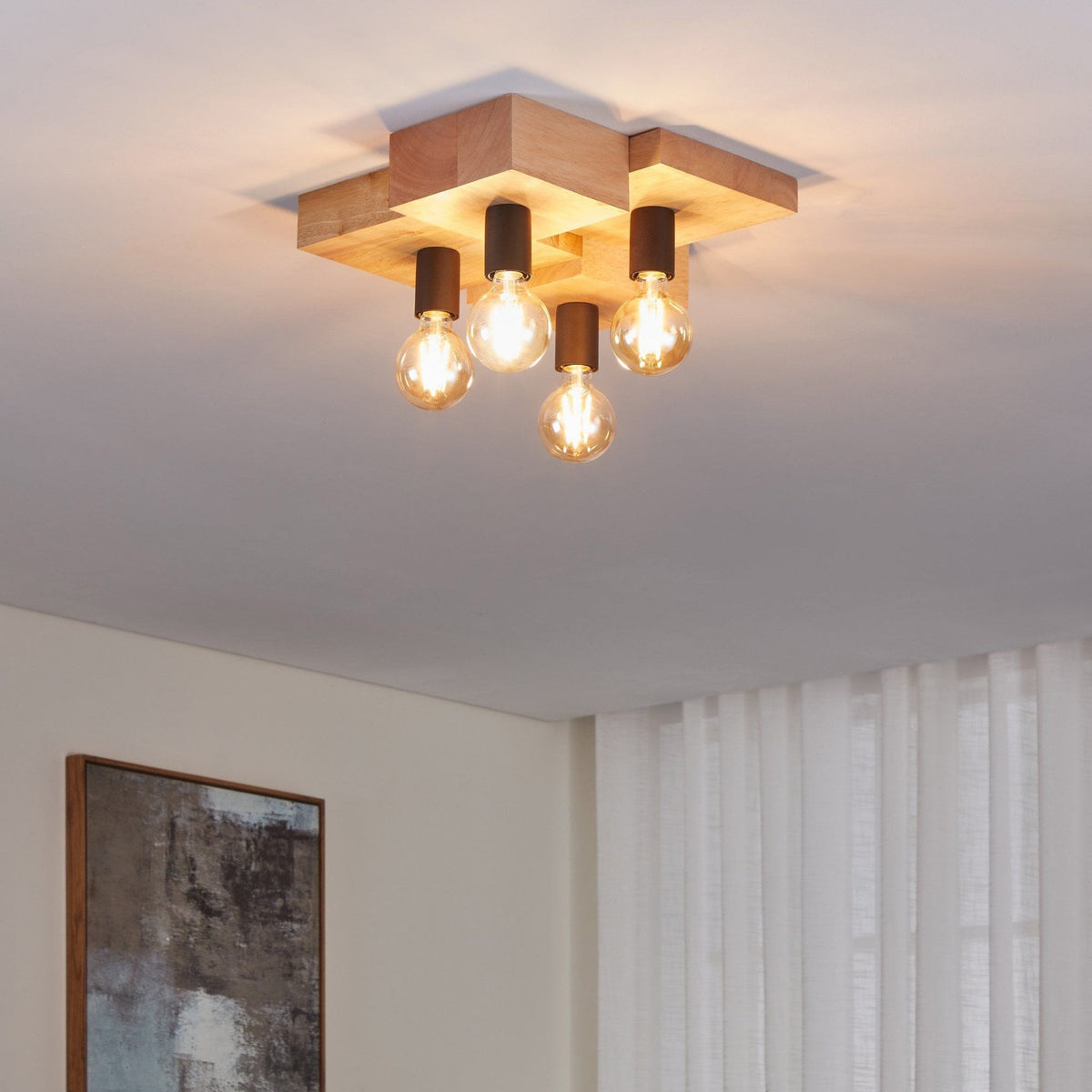 Halkin Four Lamp Ceiling Light with Wooden Block Ceiling Mount
