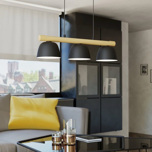 Sherburn Three Lamp Linear Pendant in Black with Wooden Crossbar