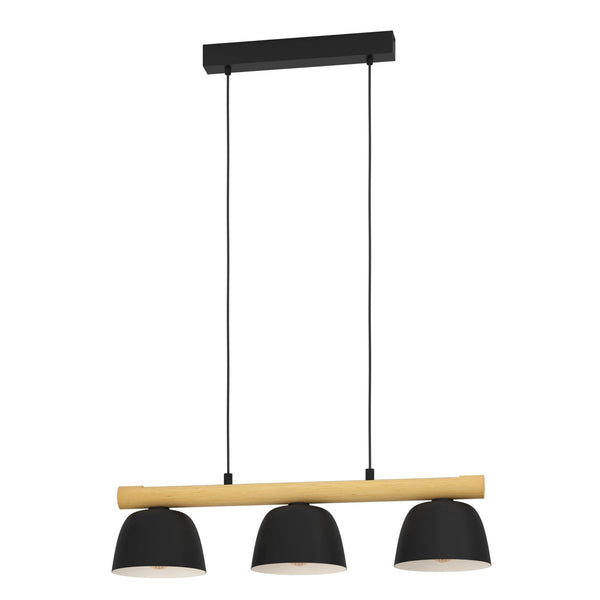 Sherburn Three Lamp Linear Pendant in Black with Wooden Crossbar