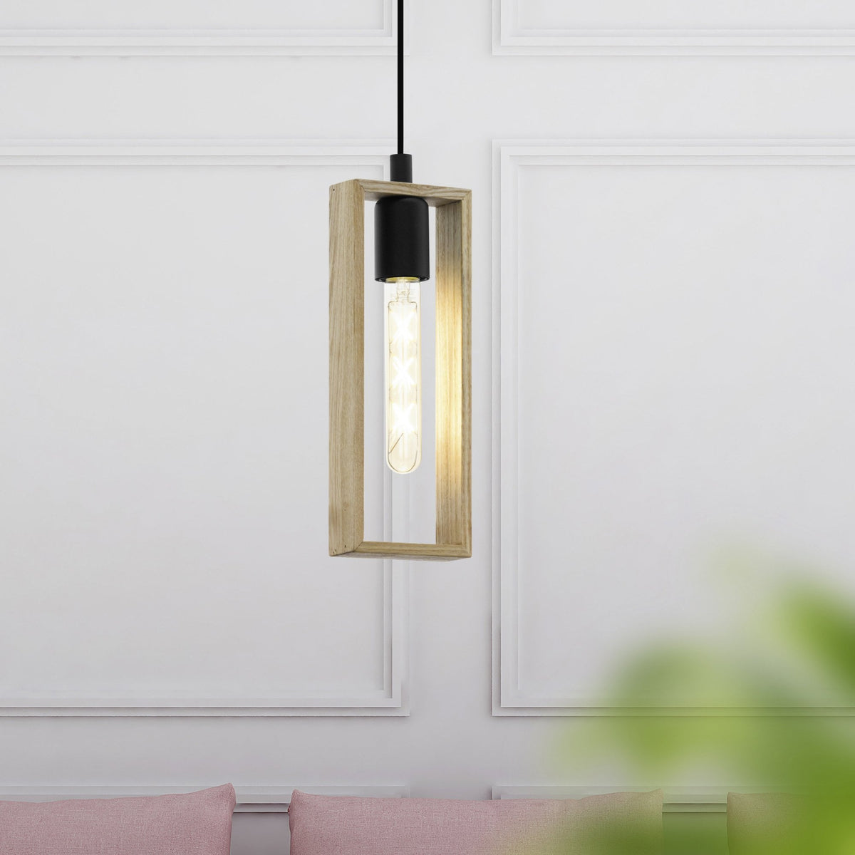 Littleton Single Drop Pendant with a Narrow Rectangular Rubberwood Frame