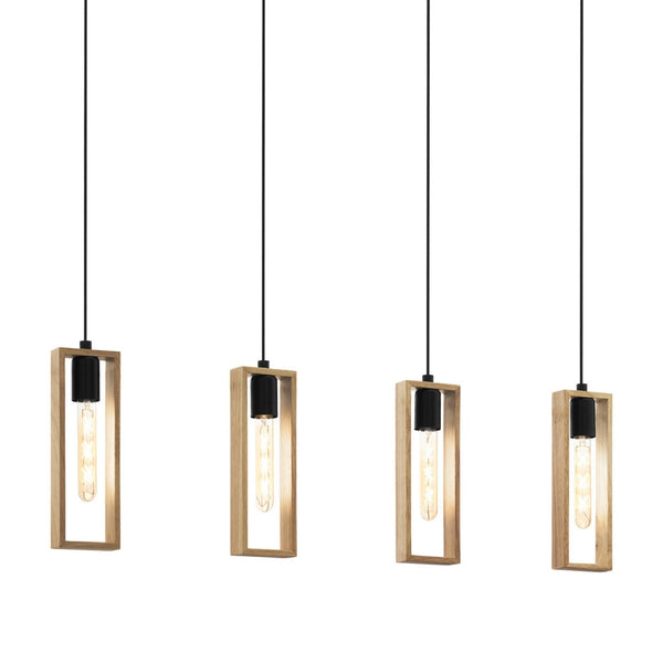 Littleton Four Drop Linear Pendant with Narrow Rectangular Rubberwood Frames