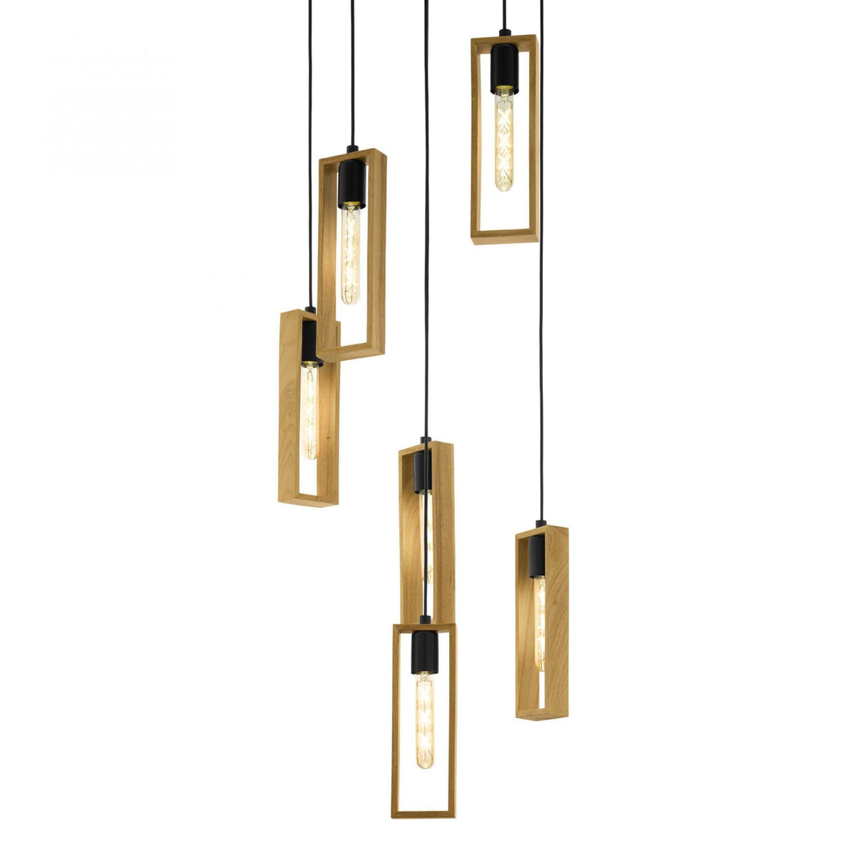 Littleton Six Drop Round Pendant with Narrow Rectangular Rubberwood Frames
