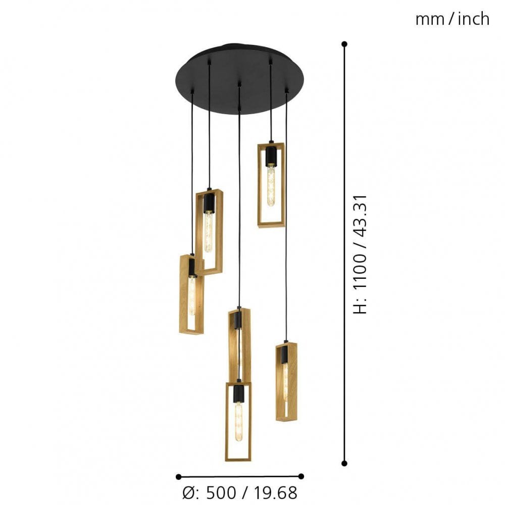 Littleton Six Drop Round Pendant with Narrow Rectangular Rubberwood Frames