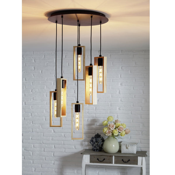 Littleton Six Drop Round Pendant with Narrow Rectangular Rubberwood Frames