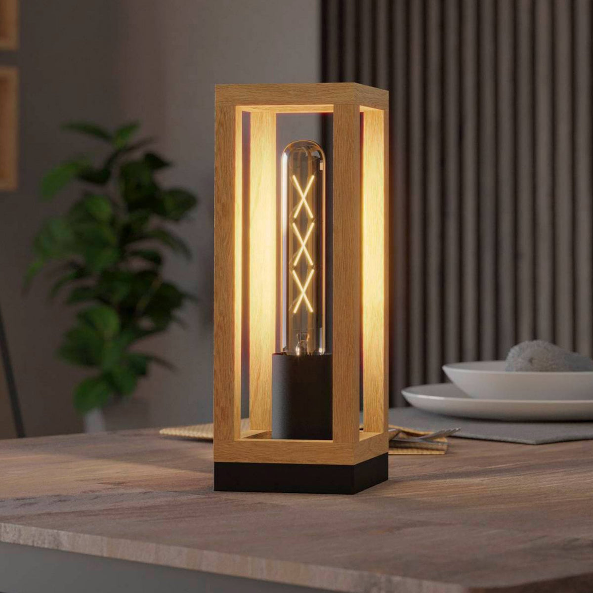 Nafferton Table Lamp with a Boxed Rubberwood Frame