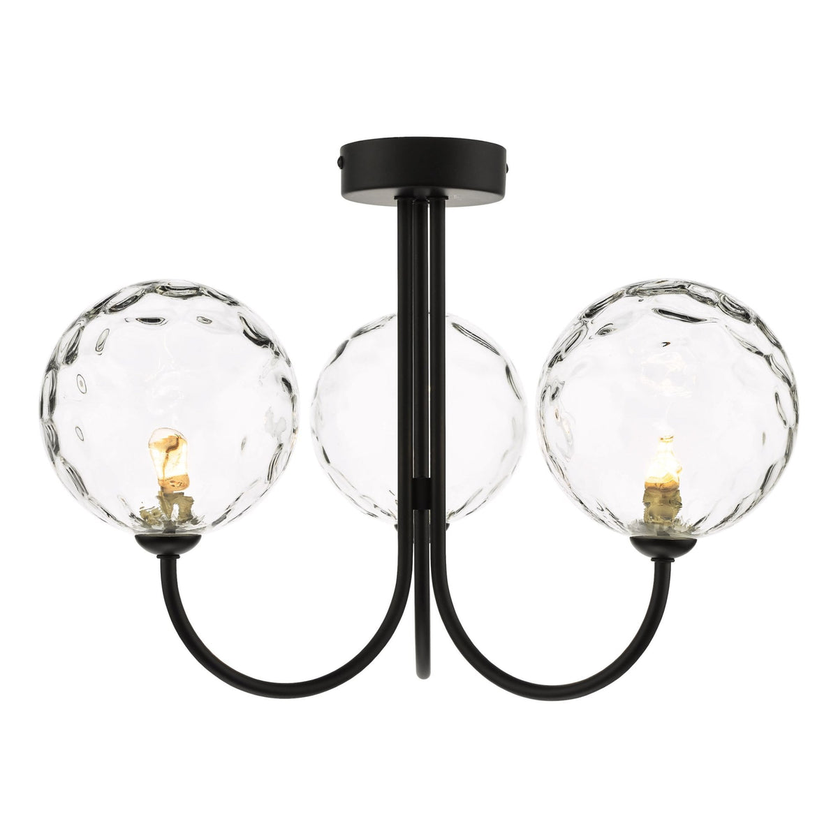 Black ceiling light with three clear, textured glass globe shades and exposed bulbs.